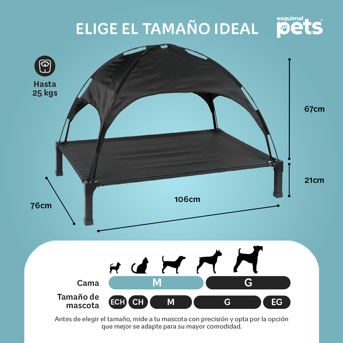 Cama Elevada para Perro Mediana con Toldo Impermeable y Malla Transpirable. Para Interior y Exterior, Color Negro. ESQUIMAL