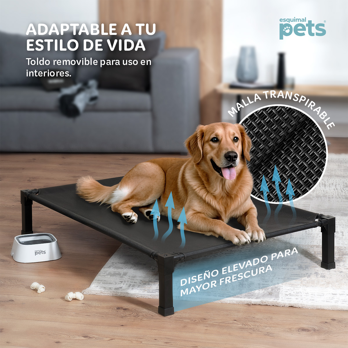 Cama Elevada para Perro Mediana con Toldo Impermeable y Malla Transpirable. Para Interior y Exterior, Color Negro. ESQUIMAL