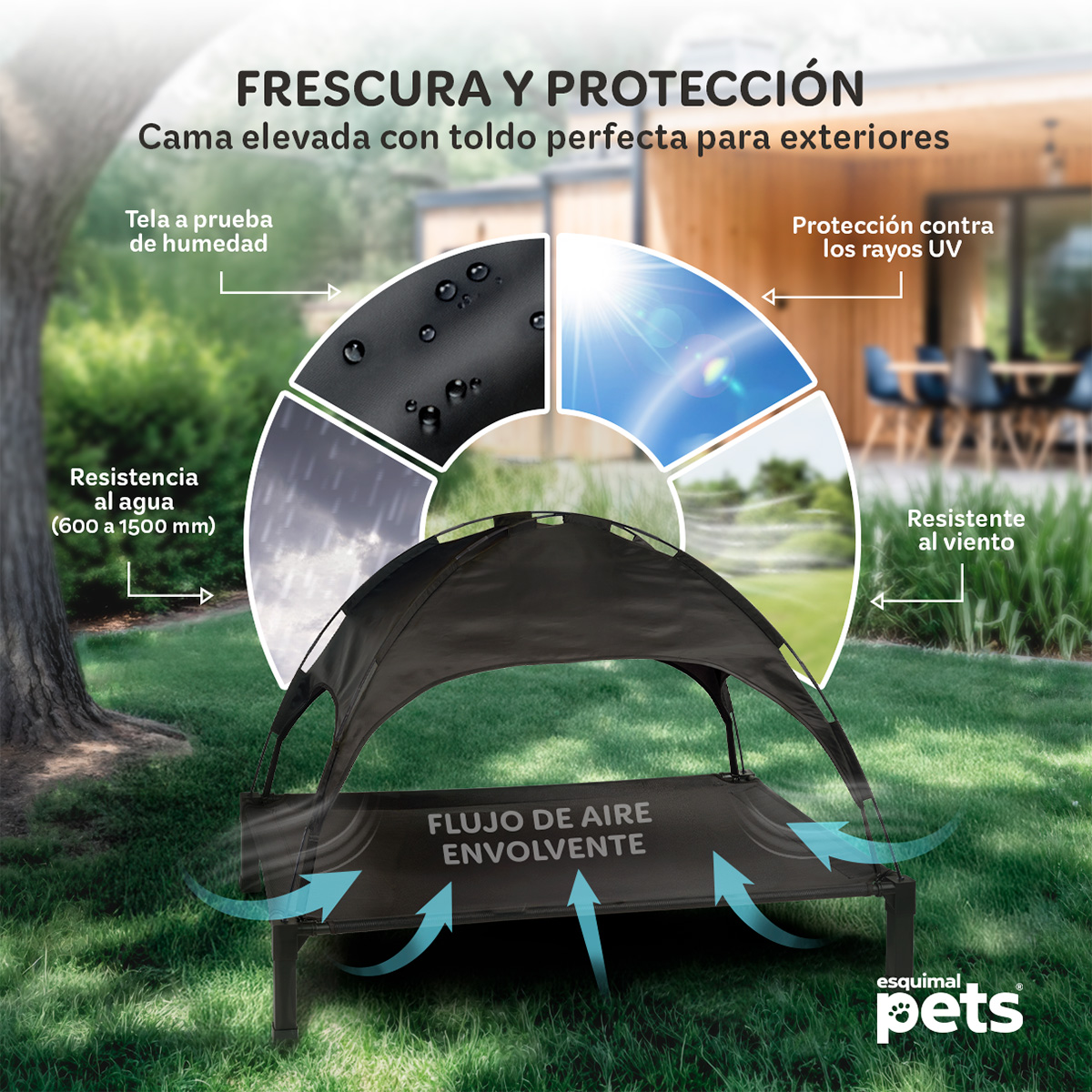 Cama Elevada para Perro Mediana con Toldo Impermeable y Malla Transpirable. Para Interior y Exterior, Color Negro. ESQUIMAL