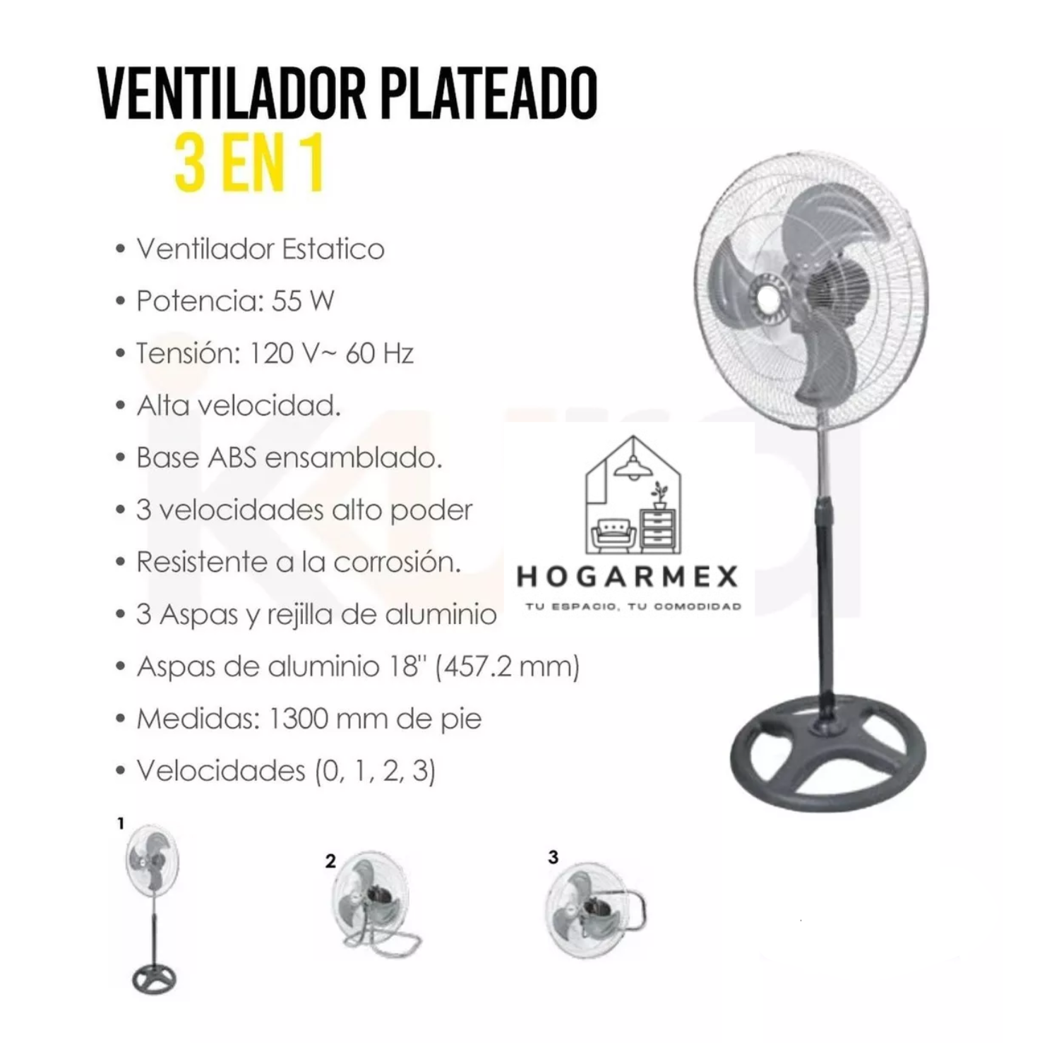 Ventilador 3 En 1 Negro Con 3 Aspas De Metal