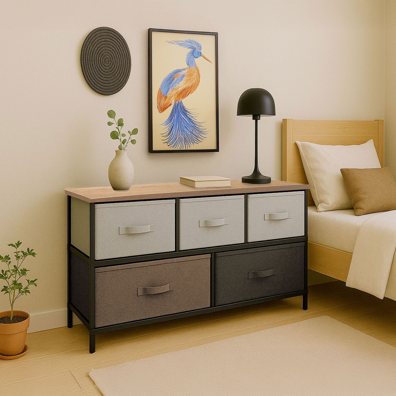 Mueble Organizador Comoda Metal 5 Cajoneras Tela Café Houzer