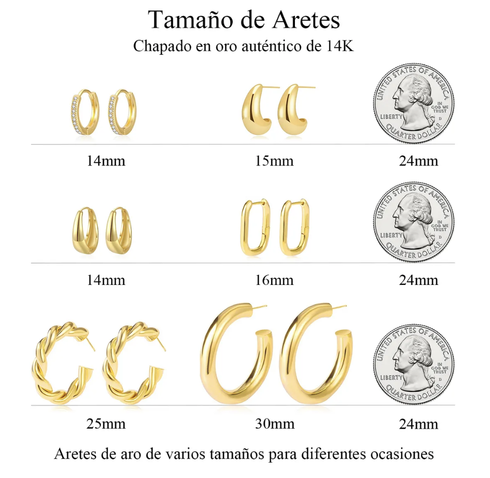 6 Pares Aretes De Oro 14k Mujer Arracadas Huggies Moda