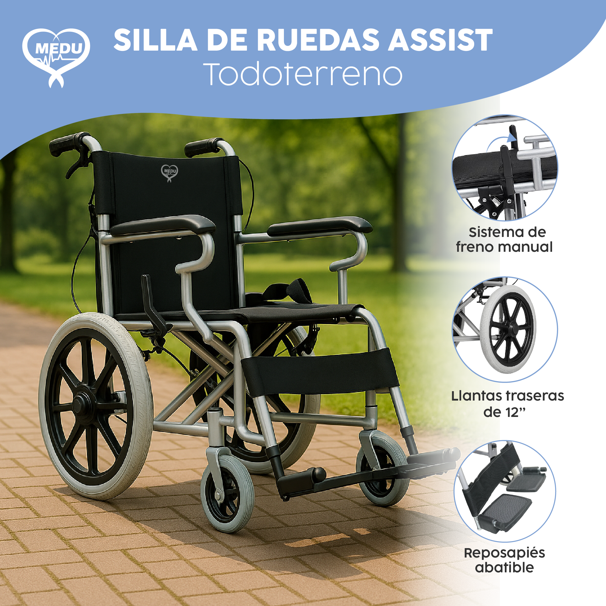 Silla de Ruedas Medu Assist Con Reposapiés abatible y respaldo plegable