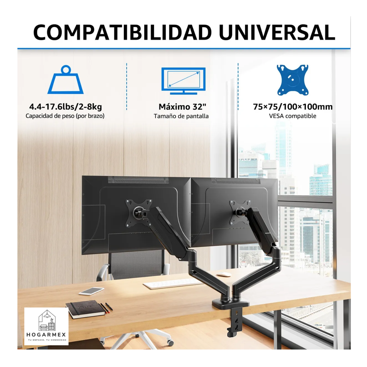 Base Doble Ergonomica Para Monitor Negro