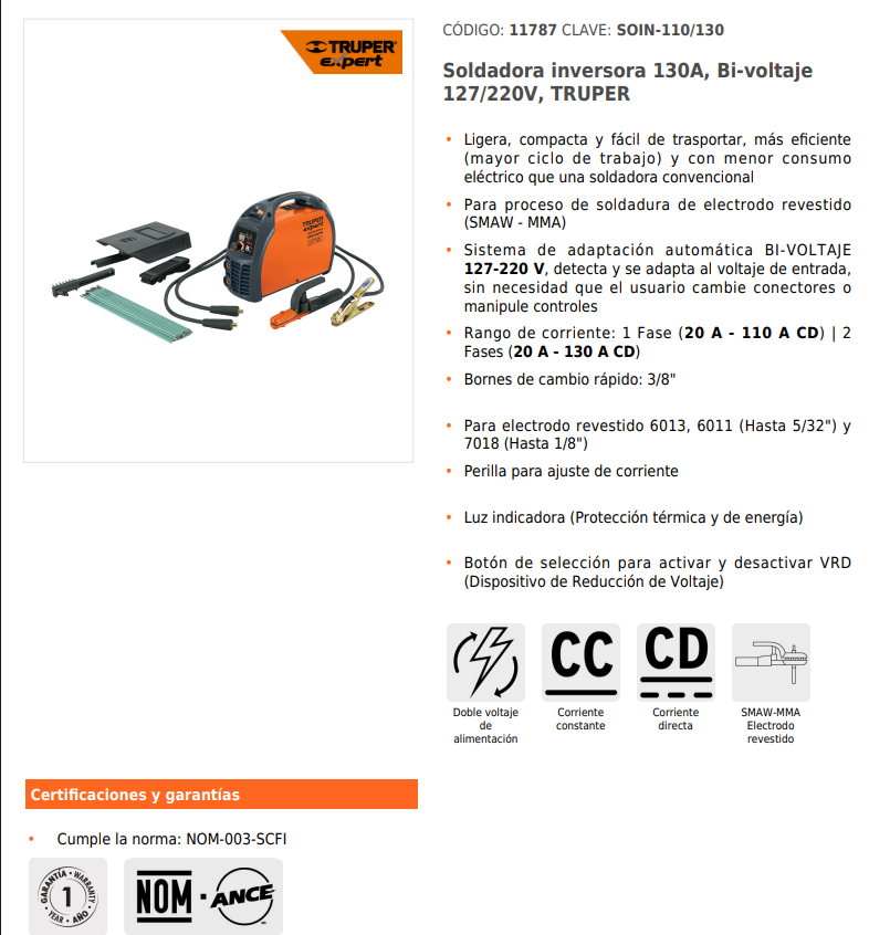 Soldadora Inversora, 130 A, 127 V/220 V, Truper 11787