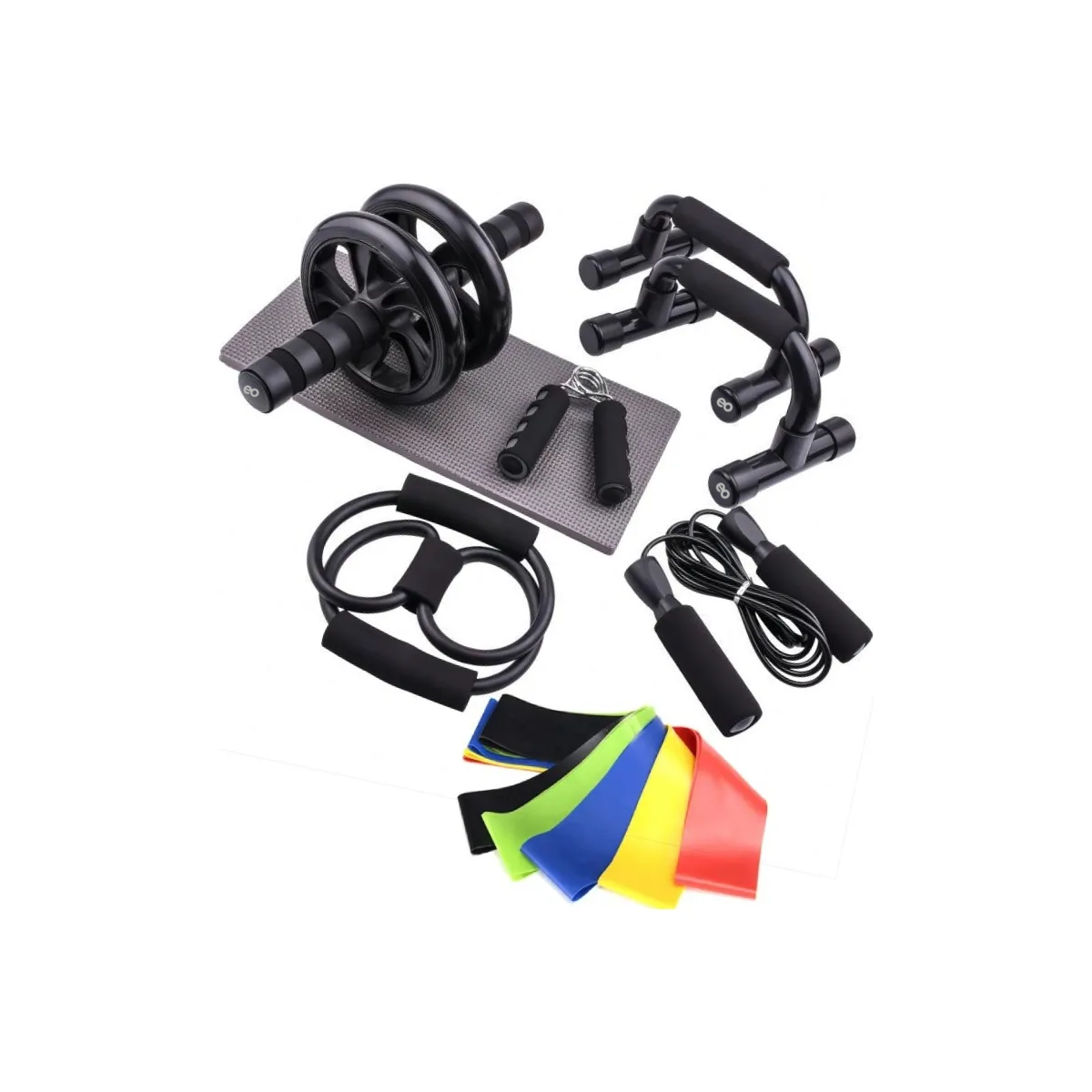 Kit Ejercicio 12 Rodillo Abdominal Barras Push-up Ejercitado Negro