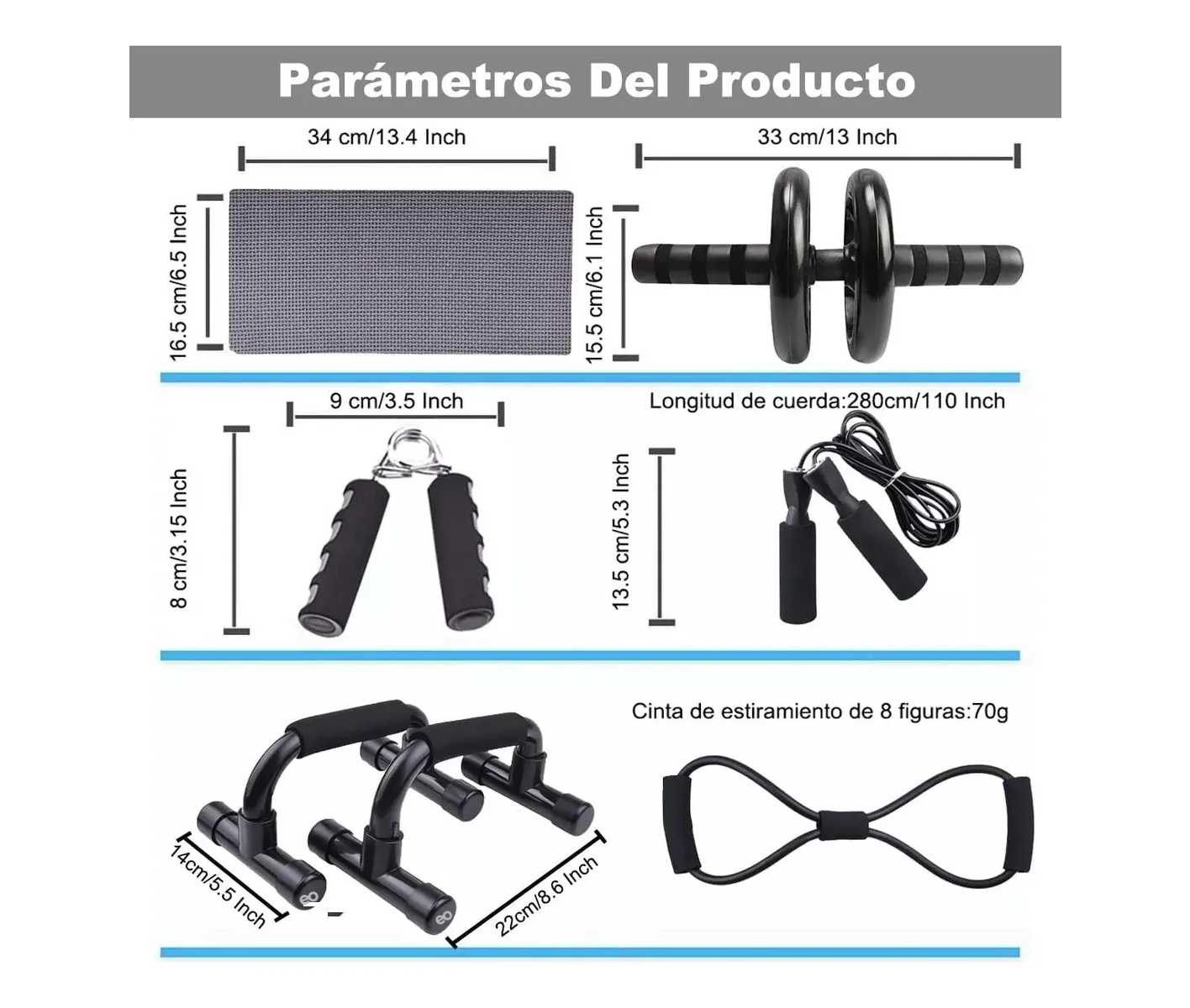 Kit Ejercicio 12 Rodillo Abdominal Barras Push-up Ejercitado Negro