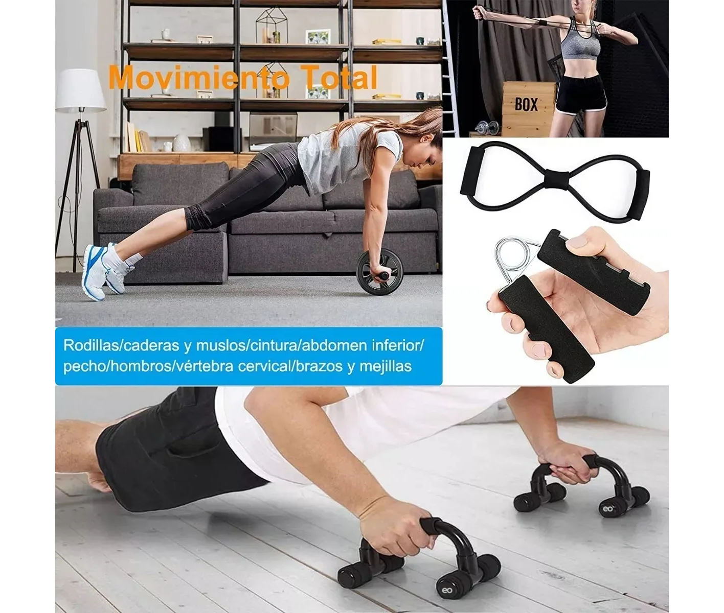 Kit Ejercicio 12 Rodillo Abdominal Barras Push-up Ejercitado Negro