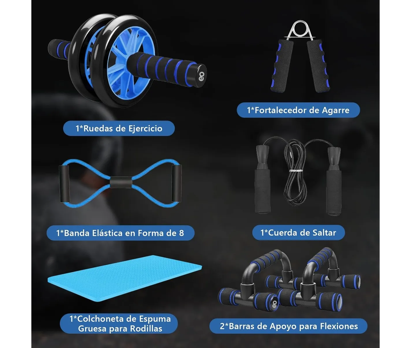 Kit Ejercicio 12 Rodillo Abdominal Barras Push-up Ejercitado Negro