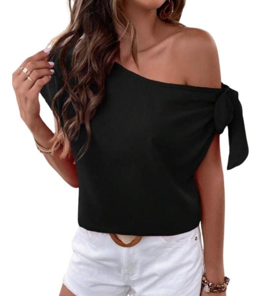 SHEIN Blusa con nudo lateral de cuello asimétrico
