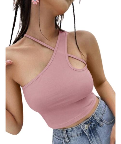 Shein Top Crop De Cuello Asimétrico Color Rosa Talla Grande
