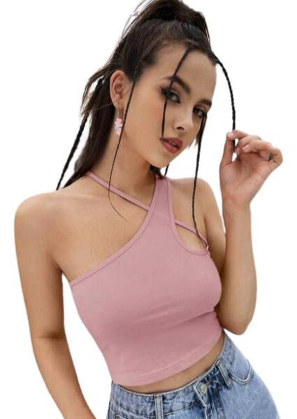 Shein Top Crop De Cuello Asimétrico Color Rosa Talla Grande