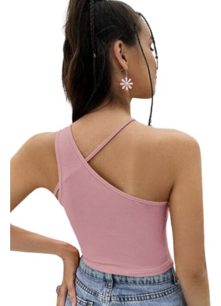 Shein Top Crop De Cuello Asimétrico Color Rosa Talla Grande