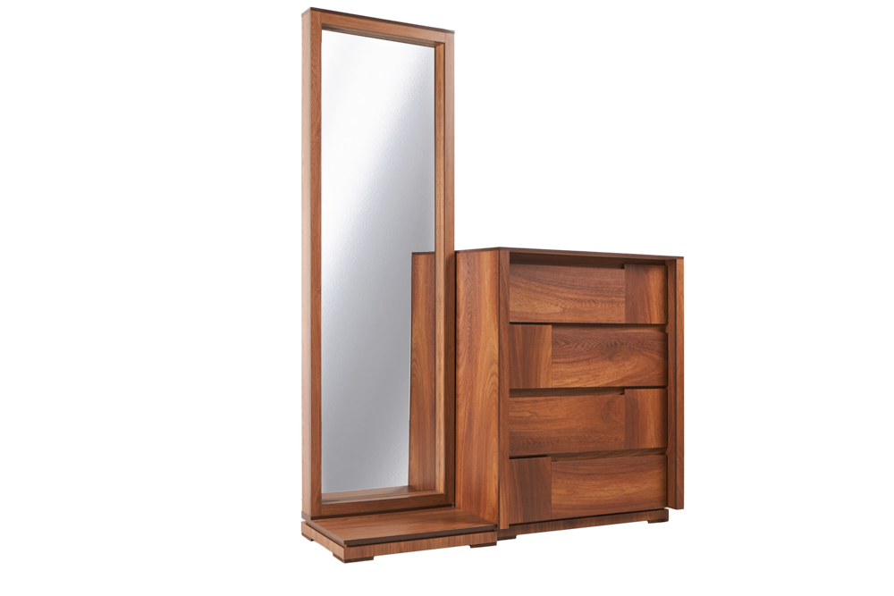 Tocador - Cajonera y Espejo de Cuerpo Completo Color Nogal - Madera MDF y Melamina