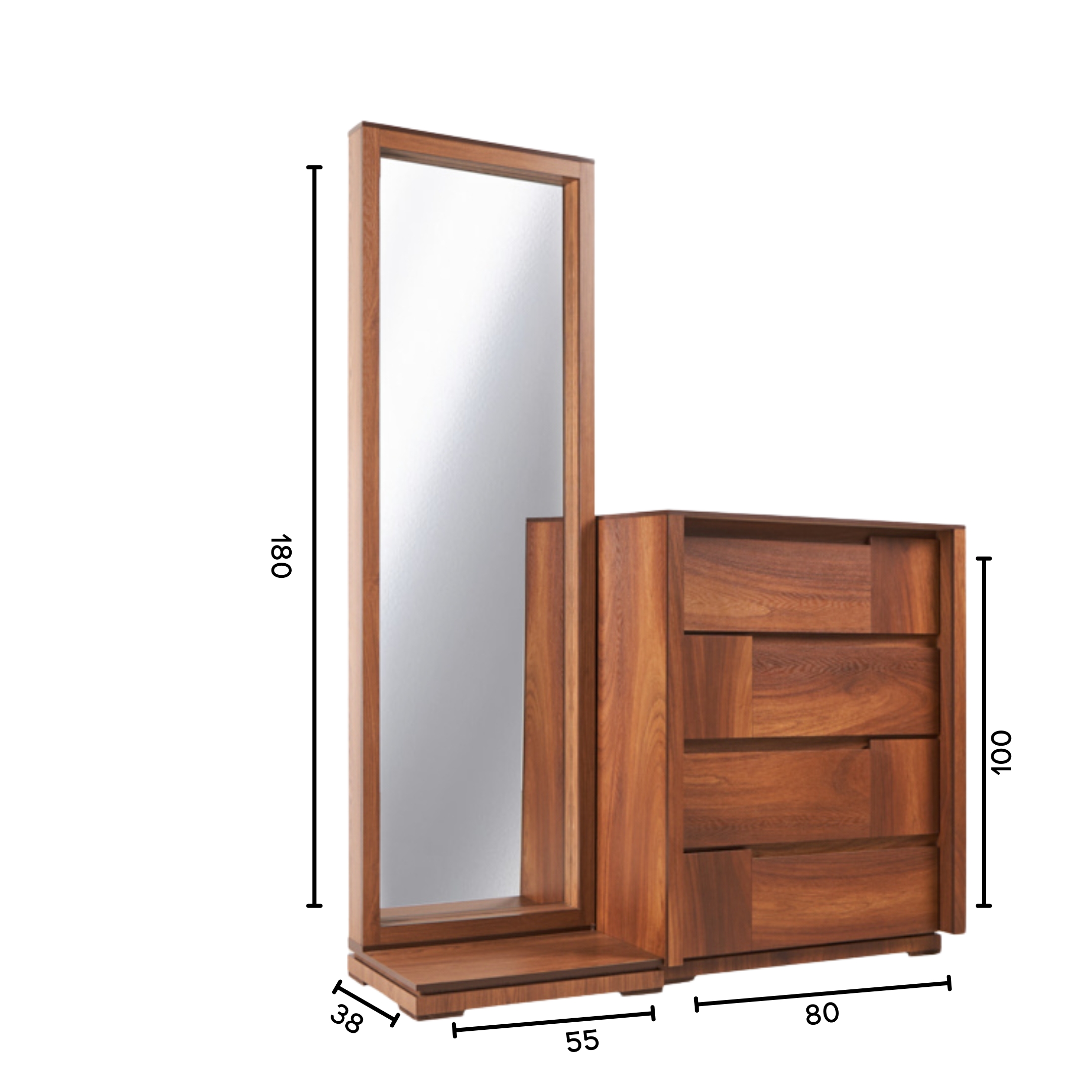 Tocador - Cajonera y Espejo de Cuerpo Completo Color Nogal - Madera MDF y Melamina