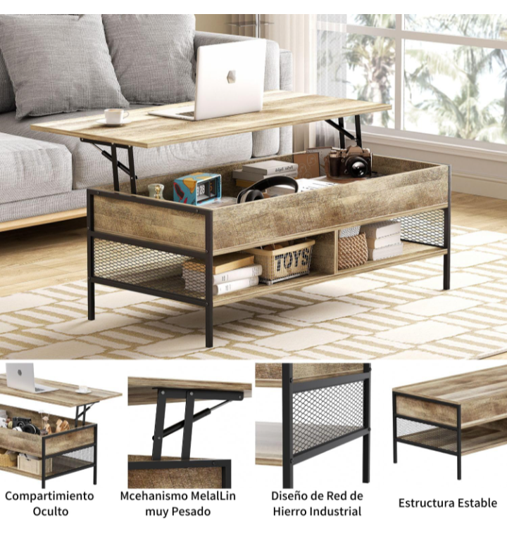 Mesa de centro elevable  almacenamiento oculto 