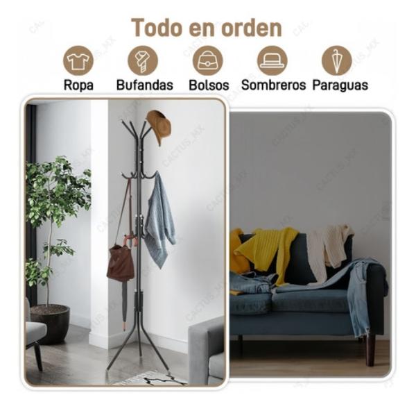 Perchero Ropa Piso Pie Hogar Metálico Metal 12 Gancho Negro