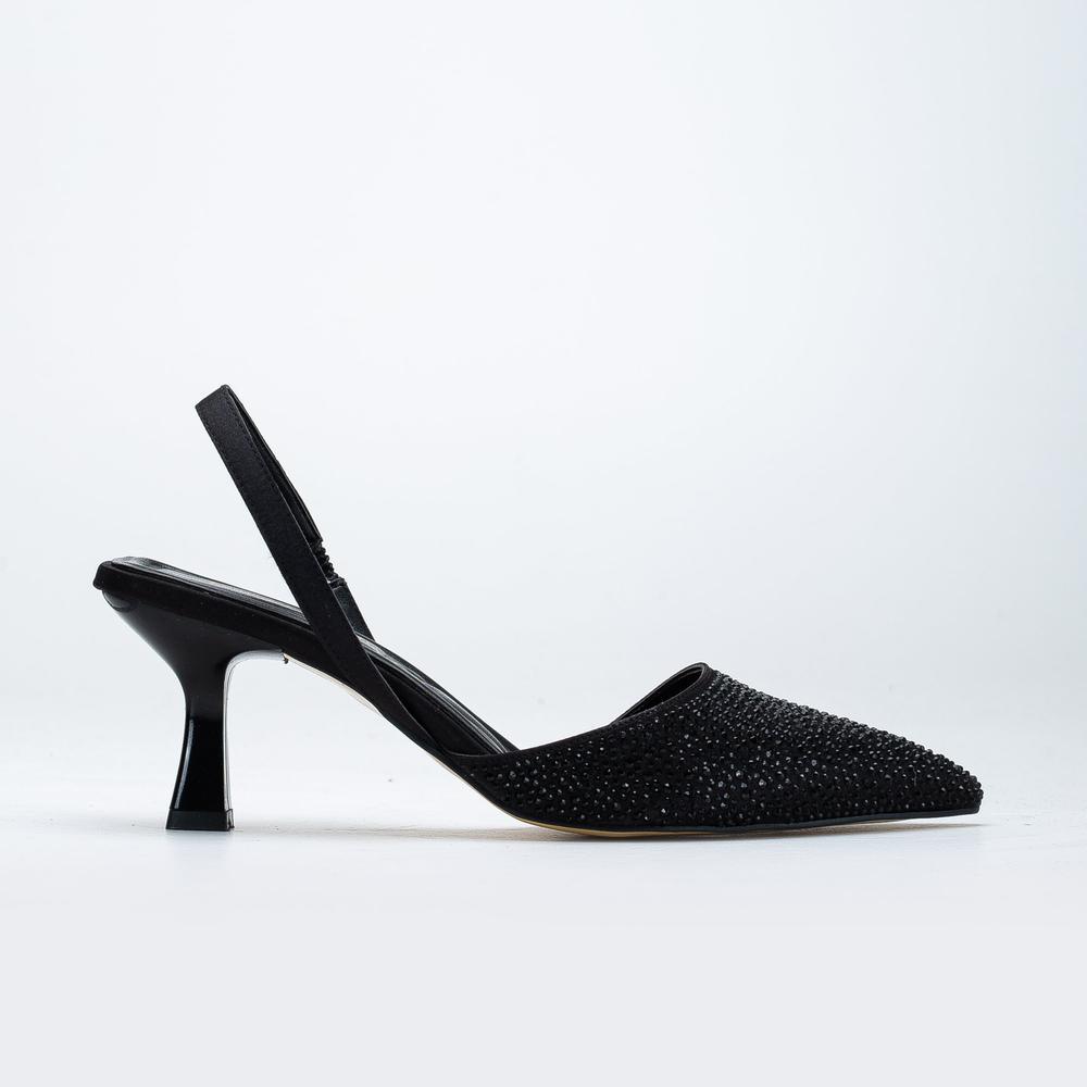 Rae - Zapatos de tacón bajo con tira trasera y diamantes de imitación negros