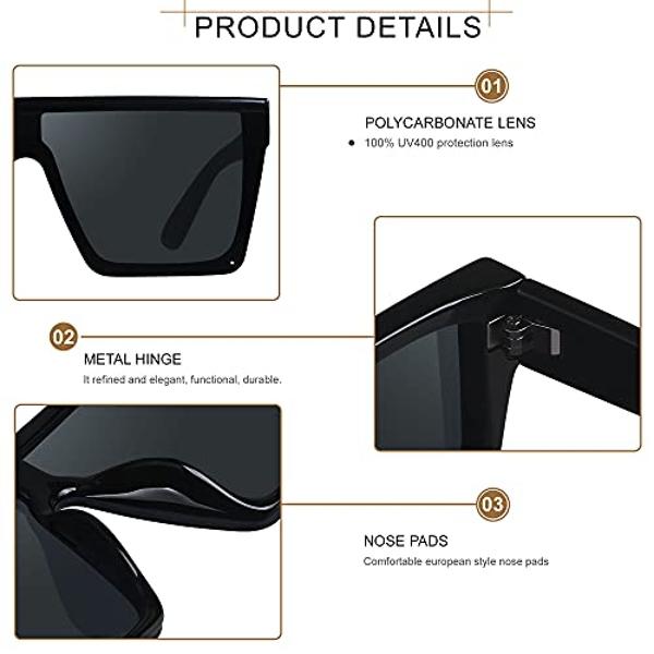 LYZOIT - Gafas de sol cuadradas extragrandes para mujer y hombre, paquete de 2, con parte superior plana y protección UV, sin montura, color negro espejado y verde