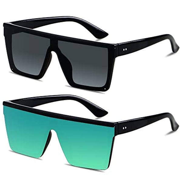 LYZOIT - Gafas de sol cuadradas extragrandes para mujer y hombre, paquete de 2, con parte superior plana y protección UV, sin montura, color negro espejado y verde