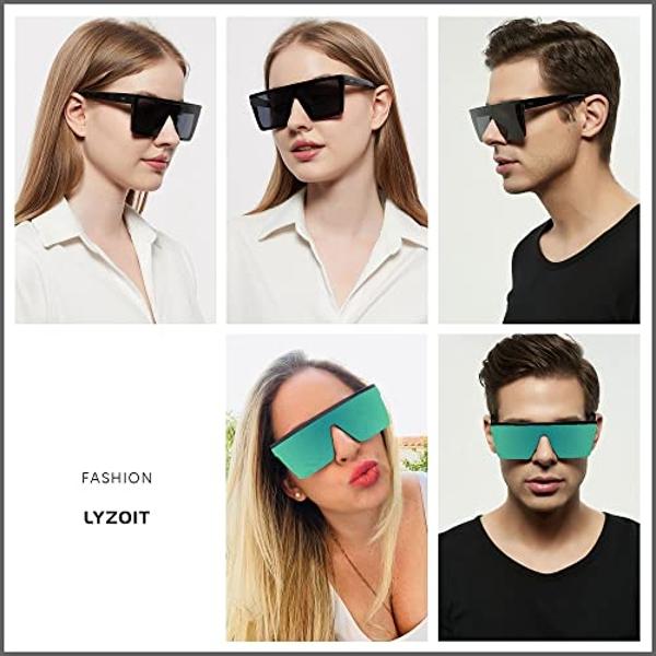 LYZOIT - Gafas de sol cuadradas extragrandes para mujer y hombre, paquete de 2, con parte superior plana y protección UV, sin montura, color negro espejado y verde