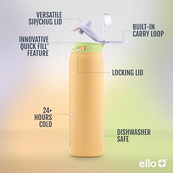 Botella de agua de acero inoxidable Ello Pop & Fill de 945 ml con tecnología de llenado rápido, doble pared de metal con aislamiento al vacío, tapa hermética, reutilizable, sin BPA