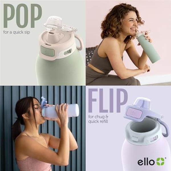 Botella de agua de acero inoxidable Ello Pop & Fill de 945 ml con tecnología de llenado rápido, doble pared de metal con aislamiento al vacío, tapa hermética, reutilizable, sin BPA