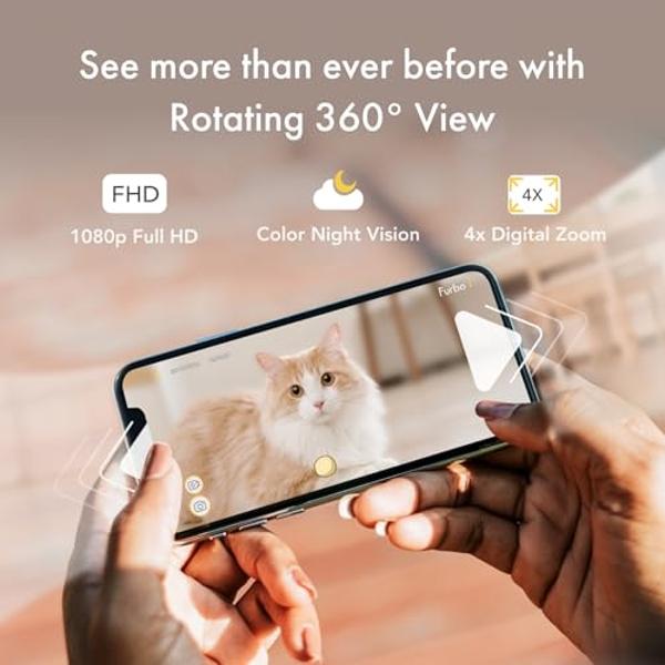 Cámara Furbo 360° para gatos: cámara de seguridad para el hogar con alertas de maullidos, cámara giratoria para premios con app para teléfono, cámara inteligente para interiores co