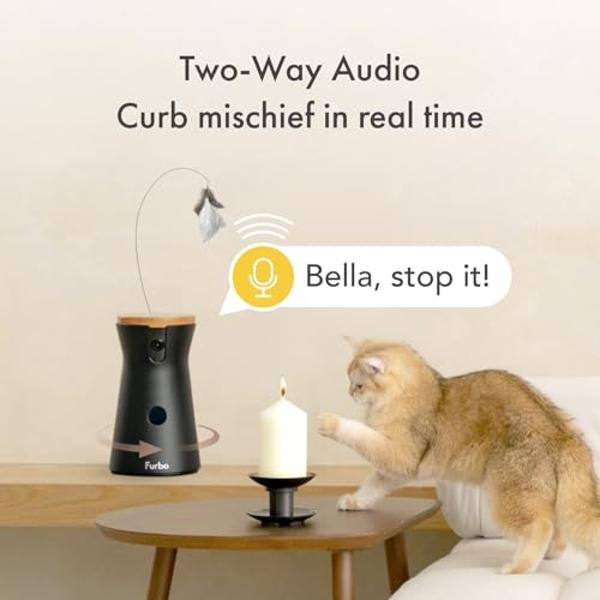 Cámara Furbo 360° para gatos: cámara de seguridad para el hogar con alertas de maullidos, cámara giratoria para premios con app para teléfono, cámara inteligente para interiores co