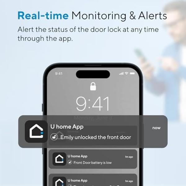 Cerradura inteligente ULTRALOQ U-Bolt con puente WiFi, cerradura de puerta sin llave 6 en 1 con control remoto por aplicación, teclado retroiluminado, desbloqueo automático, cerroj