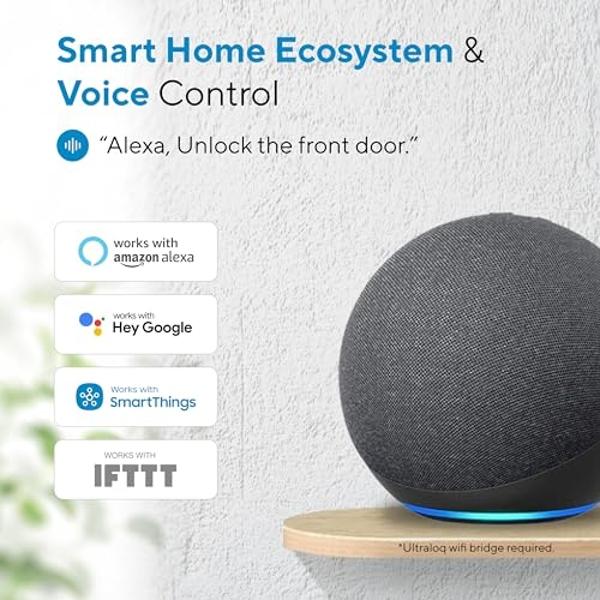 Cerradura inteligente ULTRALOQ U-Bolt con puente WiFi, cerradura de puerta sin llave 6 en 1 con control remoto por aplicación, teclado retroiluminado, desbloqueo automático, cerroj