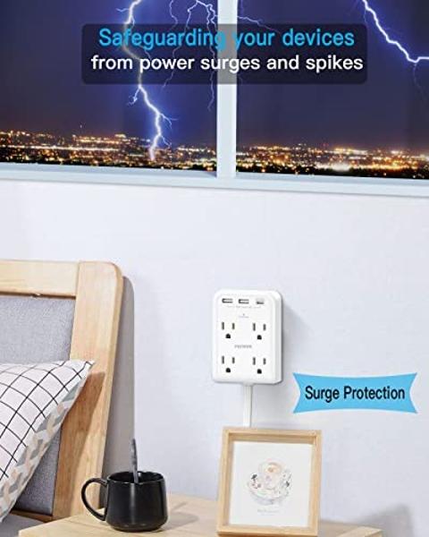Extensor multienchufe plano con 3 cargadores USB (1 tipo C), adaptador de pared para 4 tomas, cable de extensión delgado de 1,2 m, protector de sobretensión con enchufe plano para 