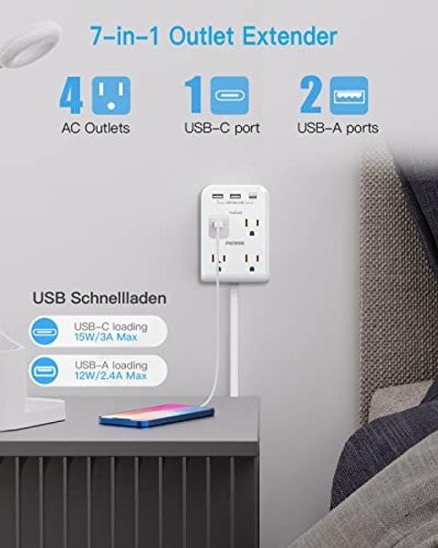 Extensor multienchufe plano con 3 cargadores USB (1 tipo C), adaptador de pared para 4 tomas, cable de extensión delgado de 1,2 m, protector de sobretensión con enchufe plano para 