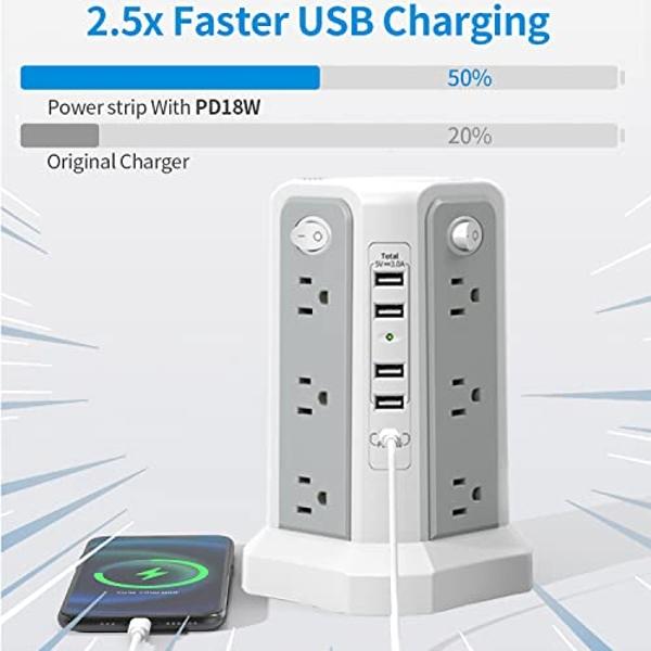 Regleta de enchufes con puerto USB C (PD18W), cable de extensión de 3 m con 12 tomas de CA y 5 puertos de carga USB. Protección contra sobretensiones PASSUS para casa, oficina y do