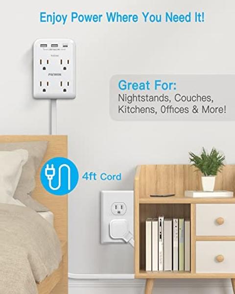 Extensor multienchufe plano con 3 cargadores USB (1 tipo C), adaptador de pared para 4 tomas, cable de extensión delgado de 1,2 m, protector de sobretensión con enchufe plano para 