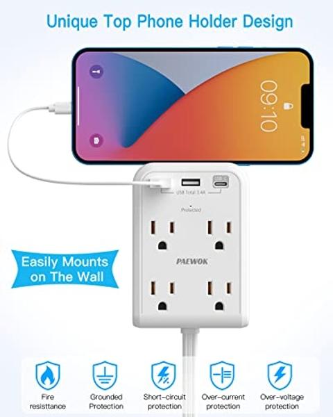 Extensor multienchufe plano con 3 cargadores USB (1 tipo C), adaptador de pared para 4 tomas, cable de extensión delgado de 1,2 m, protector de sobretensión con enchufe plano para 