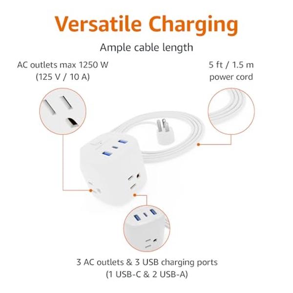 Extensor multienchufe plano con 3 cargadores USB (1 tipo C), adaptador de pared para 4 tomas, cable de extensión delgado de 1,2 m, protector de sobretensión con enchufe plano para 