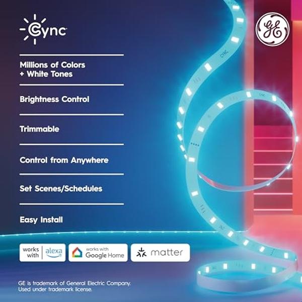 Tira de luces LED inteligente Cync GE, que cambia de color para decorar habitaciones, compatible con Alexa y Google Home, Matter, luces LED para dormitorio, millones de colores y t