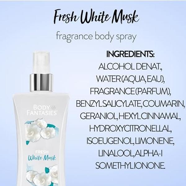 Spray corporal con fragancia exclusiva Body Fantasies, almizcle blanco fresco, 237 ml