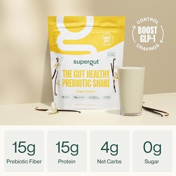 Batidos prebióticos Supergut | Sustituto de comidas | Potenciador de GLP-1 | Alto en proteínas y fibra | Sin azúcar añadido | Comida, refrigerio keto (Vainilla vegana, 14 porciones