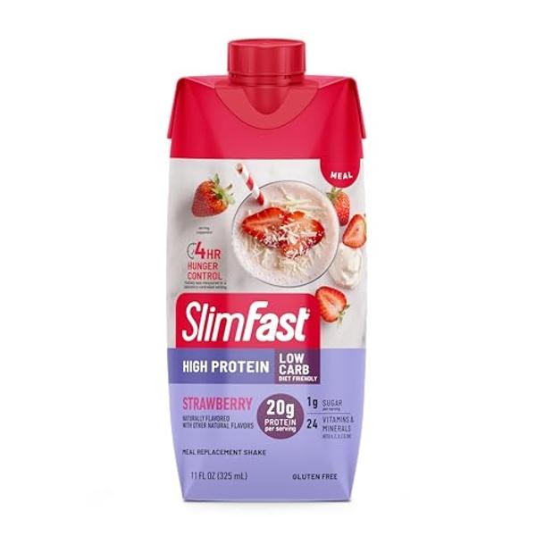 Batido de proteína SlimFast, fresa - 20 g de proteína, batido sustitutivo de comida listo para beber, alto en proteínas, bajo en carbohidratos y azúcar, 24 vitaminas y minerales, 1