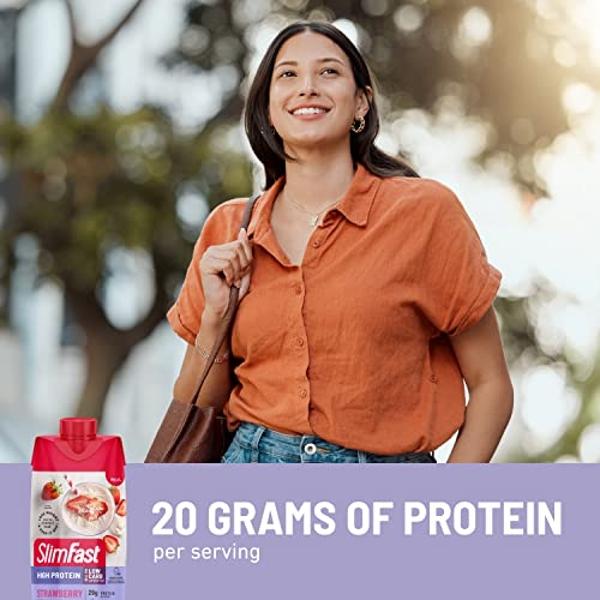 Batido de proteína SlimFast, fresa - 20 g de proteína, batido sustitutivo de comida listo para beber, alto en proteínas, bajo en carbohidratos y azúcar, 24 vitaminas y minerales, 1