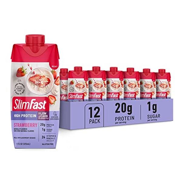 Batido de proteína SlimFast, fresa - 20 g de proteína, batido sustitutivo de comida listo para beber, alto en proteínas, bajo en carbohidratos y azúcar, 24 vitaminas y minerales, 1