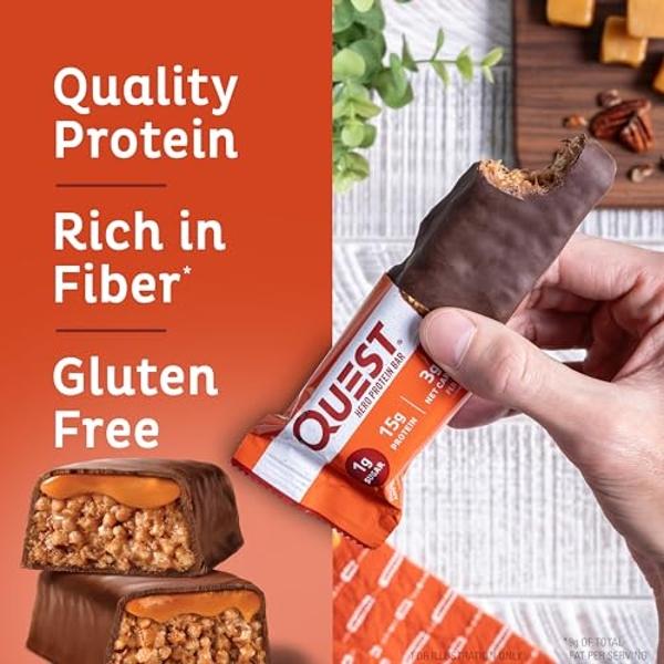 Barra de proteína Quest Nutrition de chocolate crujiente, caramelo y nueces pecanas (15 g de proteína, 1 g de azúcar, 3 g de carbohidratos netos), sin gluten, apta para dietas ceto