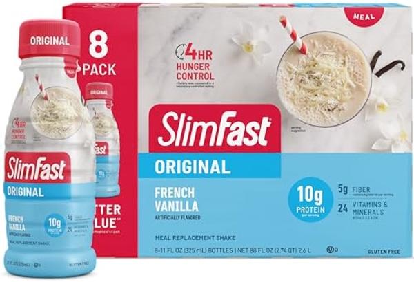 Batido sustitutivo de comida SlimFast, vainilla francesa original, 10 g de proteína lista para beber para bajar de peso, botella de 325 ml (11 onzas líquidas), 8 unidades
