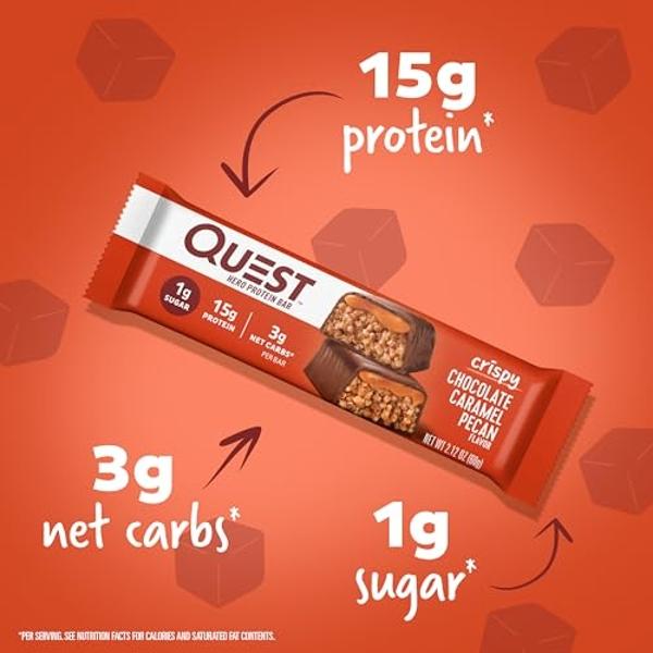Barra de proteína Quest Nutrition de chocolate crujiente, caramelo y nueces pecanas (15 g de proteína, 1 g de azúcar, 3 g de carbohidratos netos), sin gluten, apta para dietas ceto