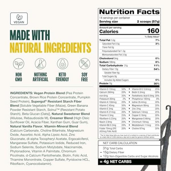 Batidos prebióticos Supergut | Sustituto de comidas | Potenciador de GLP-1 | Alto en proteínas y fibra | Sin azúcar añadido | Comida, refrigerio keto (Vainilla vegana, 14 porciones