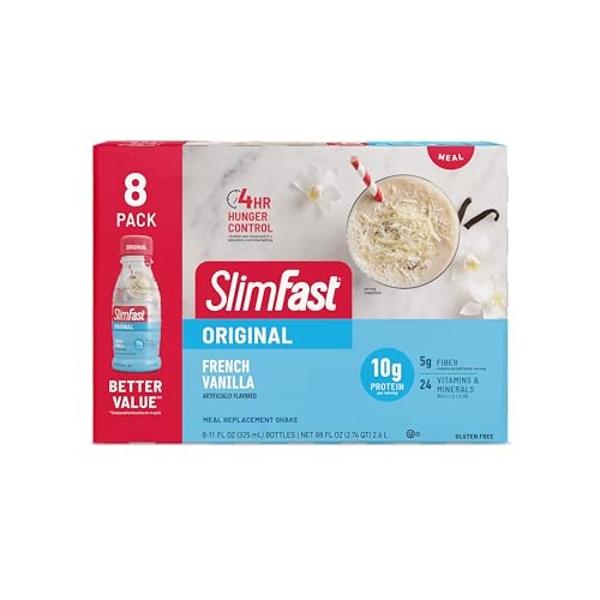 Batido sustitutivo de comida SlimFast, vainilla francesa original, 10 g de proteína lista para beber para bajar de peso, botella de 325 ml (11 onzas líquidas), 8 unidades