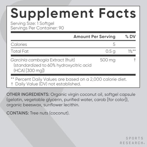 Extracto de Garcinia Cambogia (60 % HCA) de Sports Research con aceite de coco orgánico virgen extra | Sin OMG, soja ni gluten (90 cápsulas blandas líquidas)