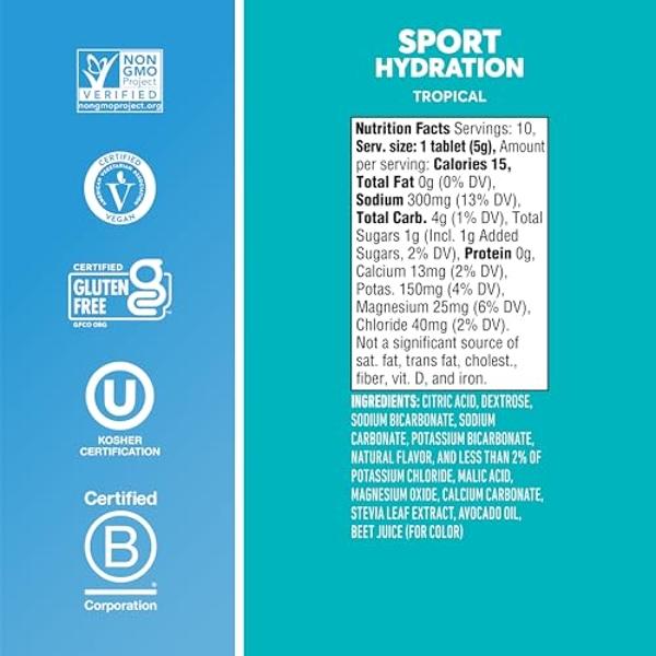 Tabletas de electrolitos Nuun Sport con magnesio, calcio, potasio, cloruro y sodio, sin gluten y veganas, sabor tropical, paquete de 8 (80 porciones en total)